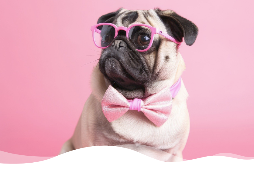 Hund Mops mit rosa Brille und Fliege. Rosa Hintergrund